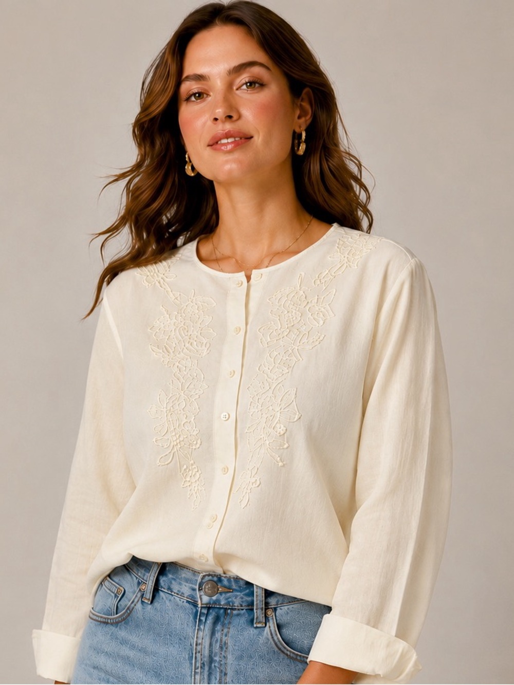 Cream Embroidered Button-Front Blouse - Picture 4 of 14